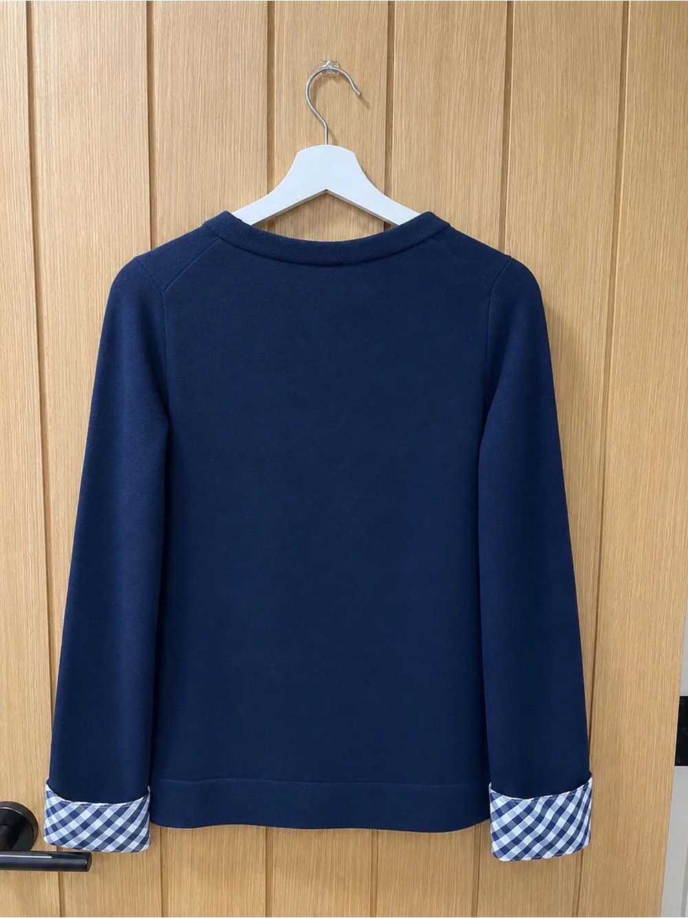 J. Crew Navy Crewneck Sweater with Gingham Cuffs Size L